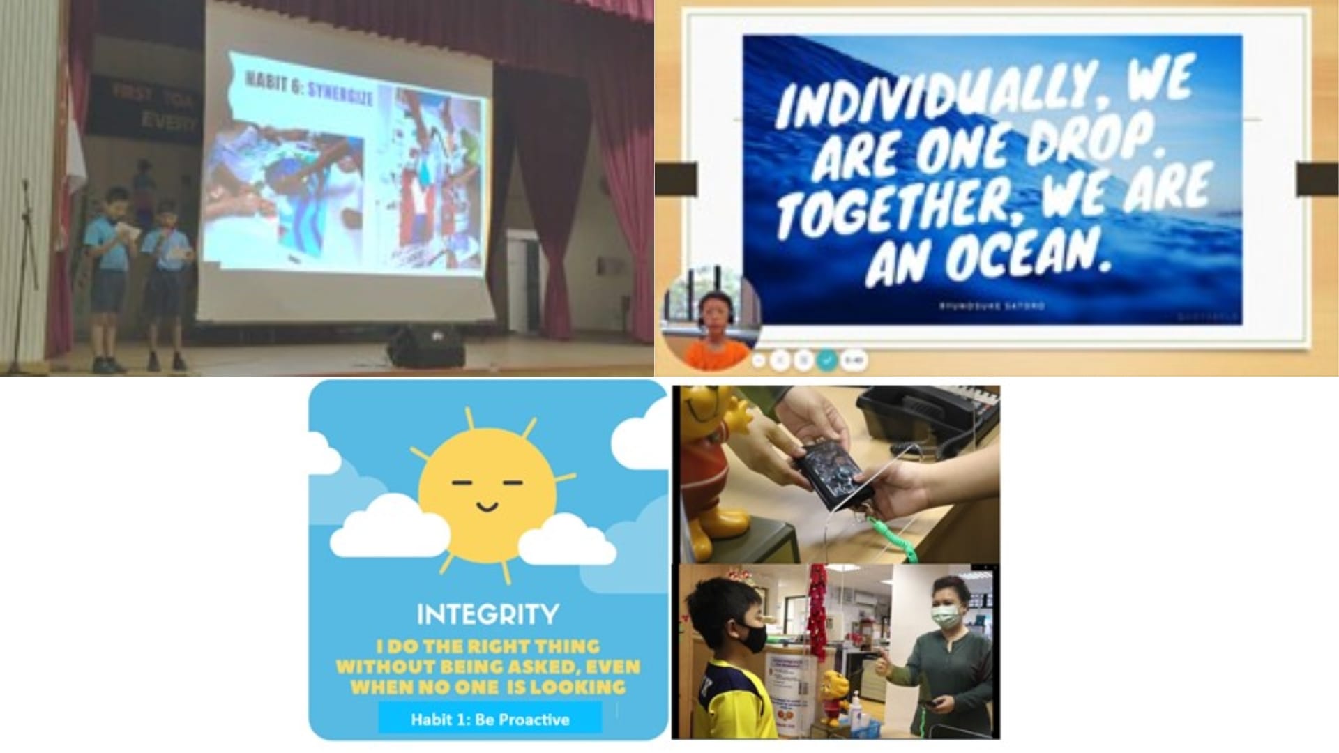 Posters and student presentations promote teamwork, integrity and positive habits through real-life examples and values education.